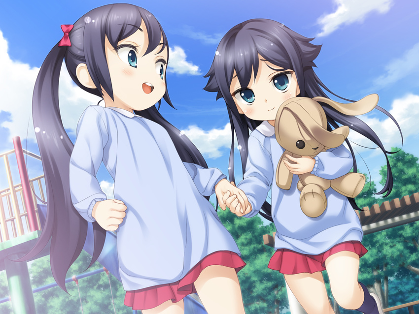 2girls aida_takanobu blue_eyes blue_hair blue_sky blush bow child cloud day flat_chest hand_holding holding kimishima_ai kimishima_aya kindergarten_uniform long_hair long_sleeves looking_at_another looking_back multiple_girls open_mouth outdoors playground pleated_skirt red_bow skirt sky sono_hanabira_ni_kuchizuke_wo stuffed_animal uniform younger