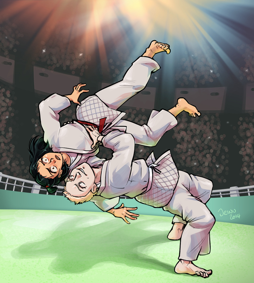 2girls anna_teleshikova barefoot belt black black_hair blonde_hair dougi highres inokuma_yawara jeinu judo martial_arts multiple_girls open_mouth red_belt smile stadium surprised throwing wide-eyed yawara_a_fashionable_judo_girl