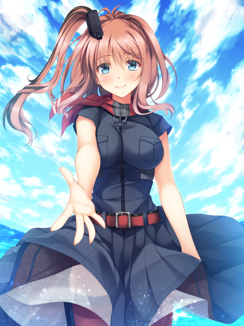 anchor belt belt_buckle black_dress blue_eyes breast_pocket breasts brown_hair buckle dress drum_magazine foreshortening highres imachireki kantai_collection large_breasts long_hair looking_at_viewer magazine_(weapon) petticoat pocket ponytail red_legwear red_neckwear remodel_(kantai_collection) saratoga_(kantai_collection) side_ponytail skirt smile solo thighhighs underskirt white_skirt