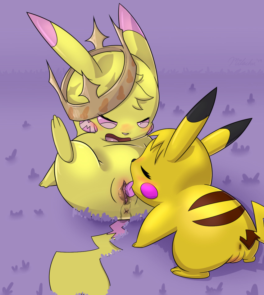 anus blush butt cleft_tail cunnilingus cutiechu duo fan_character female female/female feral fur milachu milachu92 nintendo open_mouth oral pikachu pok&eacute;mon pok&eacute;mon_(species) pussy pussy_juice sex thick_thighs tongue tongue_out vaginal video_games wide_hips yellow_fur