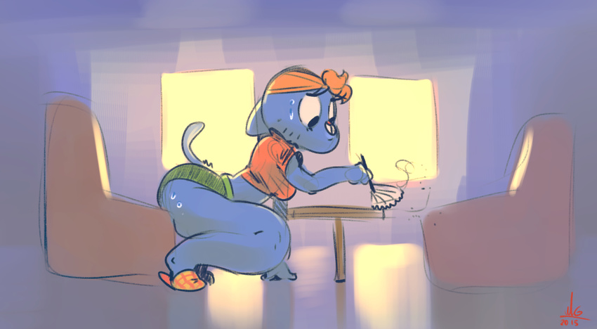 anthro big_thighs blue_fur breasts butt cartoon_network cat cleaning clothed clothing dusting feline female fur half-shirt kneeling mammal mature_female midriff mother musikalgenius nicole_watterson parent shorts slippers solo sweat the_amazing_world_of_gumball underwear whiskers