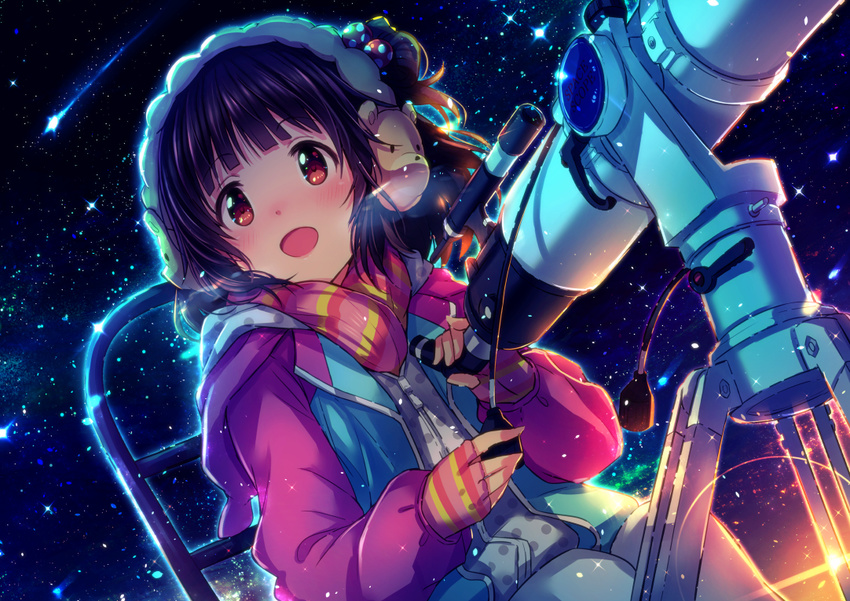 :d animal_earmuffs bangs bear black_hair blunt_bangs blush breath brown_eyes cold dutch_angle earmuffs fingerless_gloves flat_chest gloves hair_ornament holding hood hood_down hooded_jacket idolmaster idolmaster_million_live! ima_(lm_ew) jacket light_particles long_sleeves looking_up md5_mismatch nakatani_iku night night_sky one_side_up open_clothes open_jacket open_mouth pants pink_scarf polka_dot scarf short_hair sitting sky smile solo star_(sky) telescope twilight white_pants zipper