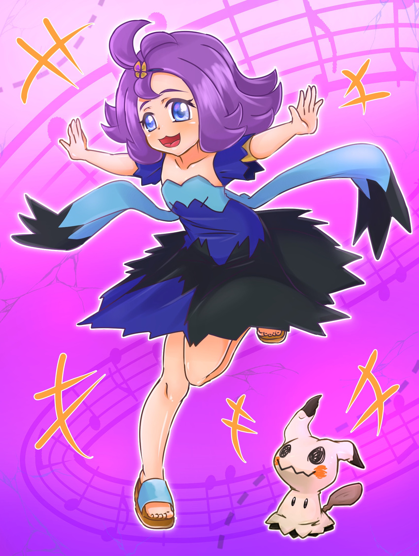 1girl a.k.o.t. acerola_(pokemon) armlet black_dress blue_dress blue_eyes blush elite_four hair_ornament mimikyu multicolored_dress musical_note nintendo open_shoes pokemon pokemon_(creature) pokemon_(game) pokemon_sm purple_background purple_eyebrows purple_hair sandals shiny_skin trial_captain