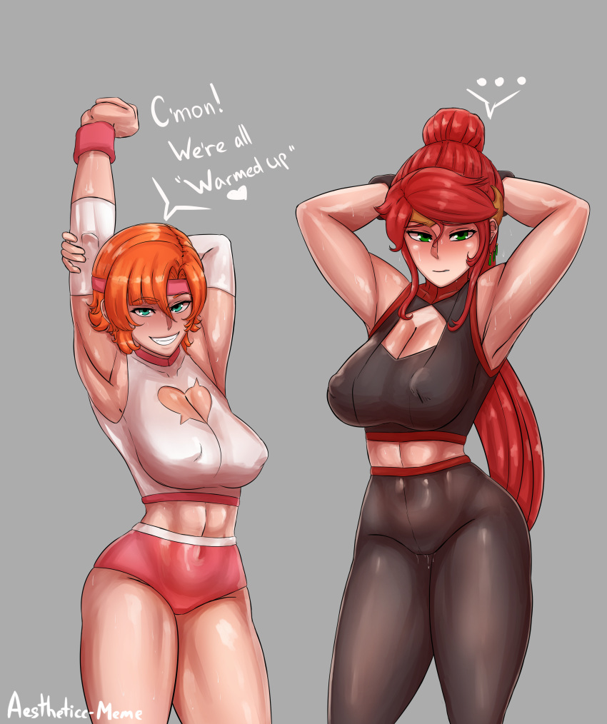 2girls aestheticc-meme armpits arms_behind_head arms_up blush bra breasts cleavage erect_nipples eyebrows green_eyes grin hairband large_breasts long_hair looking_at_viewer multiple_girls nora_valkyrie orange_hair ponytail pyrrha_nikos red_hair rwby short_hair shorts smile standing sweat text_focus tied_hair underwear