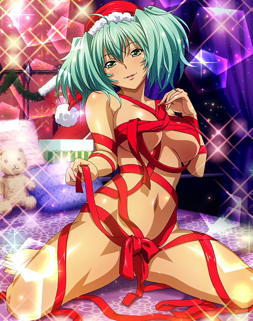 1girl breasts dark_skin green_eyes green_hair ikkitousen large_breasts looking_at_viewer ryofu_housen sitting smile solo