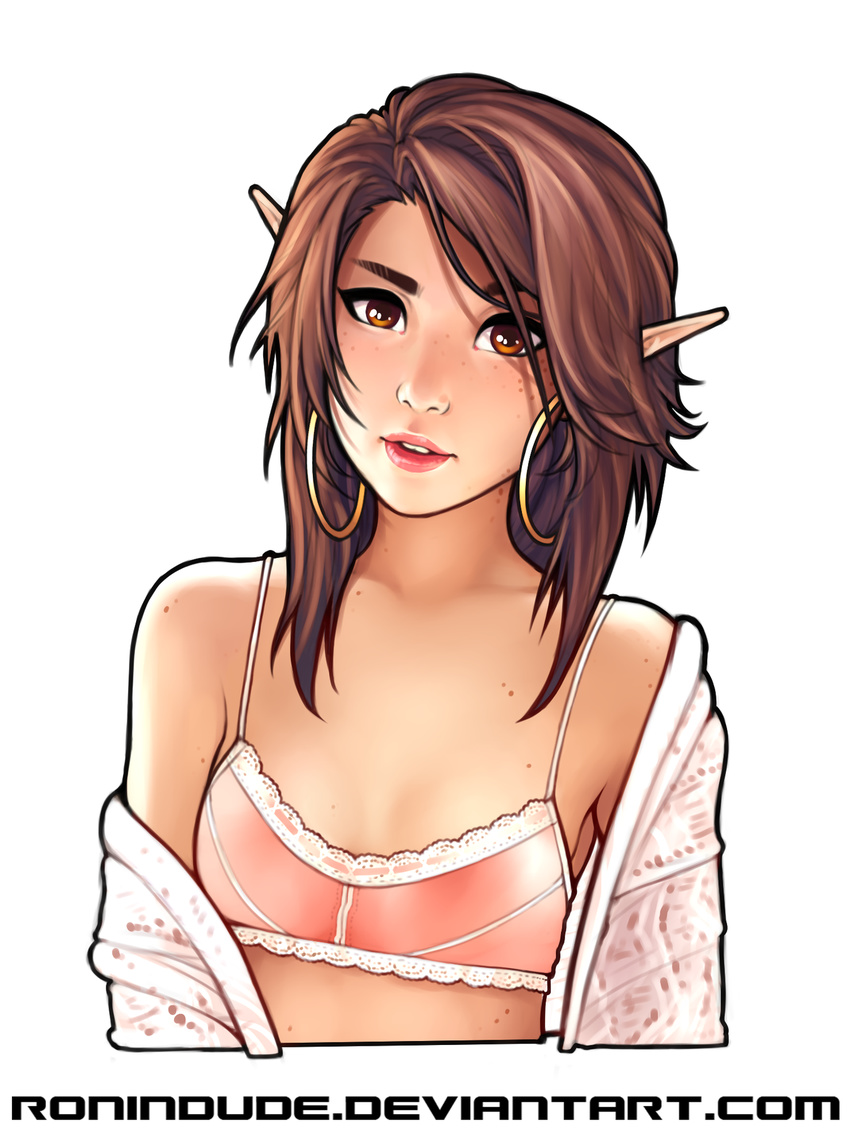 bra brown_hair commentary earrings elf eyebrows flat_chest freckles frilled_bra frills highres hoop_earrings jewelry lips long_hair off_shoulder open_mouth parted_lips pink_bra pointy_ears ronindude solo underwear