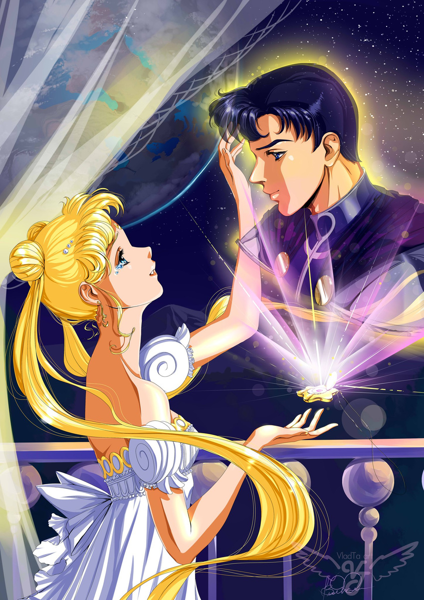 1girl anime_coloring arm_up bare_shoulders bishoujo_senshi_sailor_moon black_hair blonde_hair chiba_mamoru curtains detached_sleeves double_bun dress earrings endymion floating floating_object from_side highres jewelry long_hair looking_at_another princess_serenity profile short_sleeves signature tsukino_usagi twintails very_long_hair vladta watermark white_dress