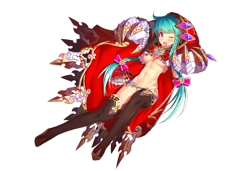 aqua_hair armor bad_id bad_pixiv_id bangs belt bikini_armor black_footwear blunt_bangs blush boots bow braid breasts claws cloak eyebrows_visible_through_hair fang full_body gem gloves groin hand_up highres hood hooded_cloak large_breasts long_hair looking_at_viewer lowleg lowleg_panties metal_gloves navel one_eye_closed open_mouth original outstretched_hand panties pink_bow purple_eyes red_cloak shiny shiny_hair side-tie_panties simple_background smile solo stomach striped striped_bow thigh_boots thighhighs twin_braids underwear very_long_hair weapon white_background white_panties yuruto