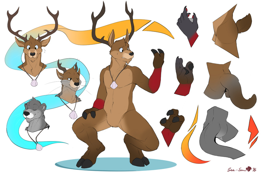 2016 3_fingers 5_fingers anthro antlers arm_markings biped black_nose brown_countershading brown_eyes brown_fur brown_horn brown_tail cervine claws cloven_hooves countershade_torso countershading crouching deer digital_media_(artwork) eyes_closed featureless_crotch front_view fur grey_claws grey_fur grey_tail hand_on_thigh head_tuft hooved_fingers hooves horn jazzotter jewelry leg_markings male mammal markings multicolored_fur mustelid naturally_censored necklace nude one_eye_closed otter red_fur red_markings see-saw sequence short_tail signature simple_background small_tail snout solo transformation webbed_hands whiskers white_background white_fur