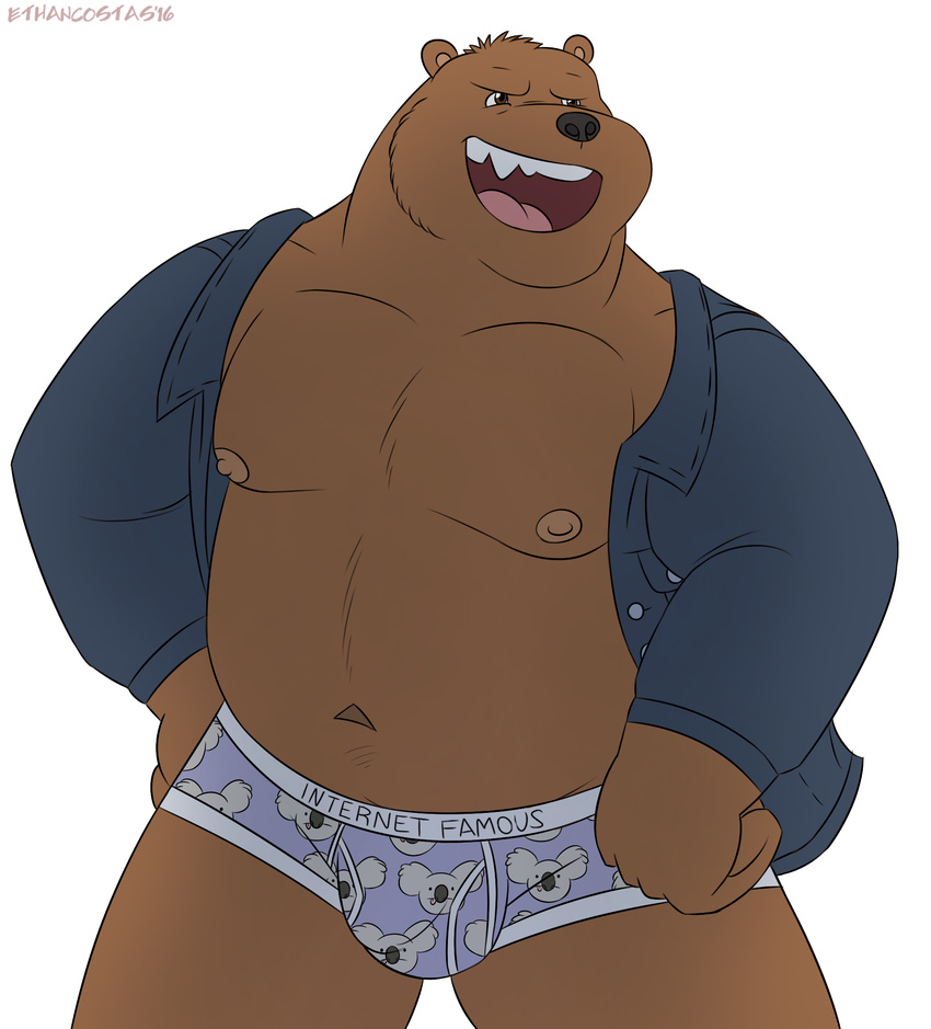 anthro anthrofied bear briefs bulge cartoon_network clothing ethancostas flat_colors front_view grin grizzly_(character) looking_away male mammal moobs musclegut navel nipples nom_nom_(character) pinup pose signature solo standing underwear we_bare_bears