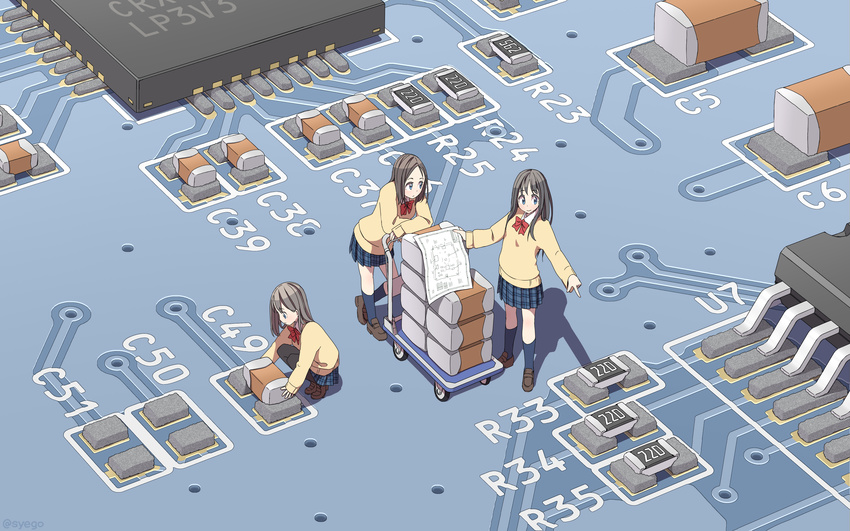 absurdres bad_id bad_pixiv_id bangs black_hair black_legwear blue_eyes blue_skirt bow bowtie brown_footwear brown_hair capacitor circuit_board computer_chip eyebrows_visible_through_hair highres holding holding_paper kneehighs leaning_on_object light_brown_hair loafers minigirl motherboard multiple_girls navy_blue_legwear original pantyhose paper parted_bangs plaid plaid_skirt platform_truck pleated_skirt pointing red_bow red_neckwear resistor school_uniform shoes skirt smile squatting sweater syego twitter_username wallpaper