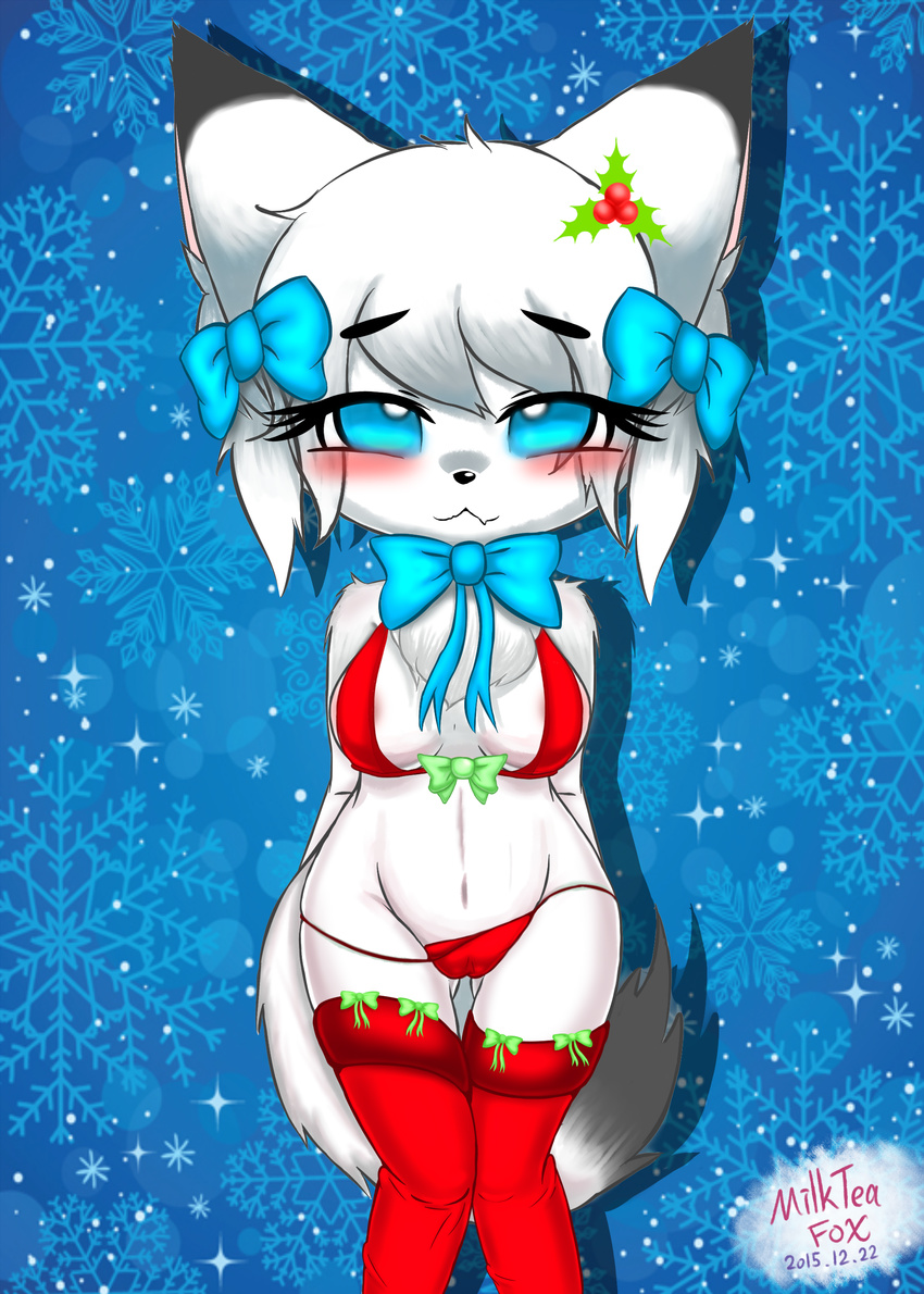 2016 anthro blush breasts canine chest_tuft chibi christmas clothed clothing digital_media_(artwork) eyelashes female fox fur hair hi_res holidays kemono legwear looking_at_viewer mammal milkteafox simple_background smile snowflake solo standing stockings tuft underwear white_fur