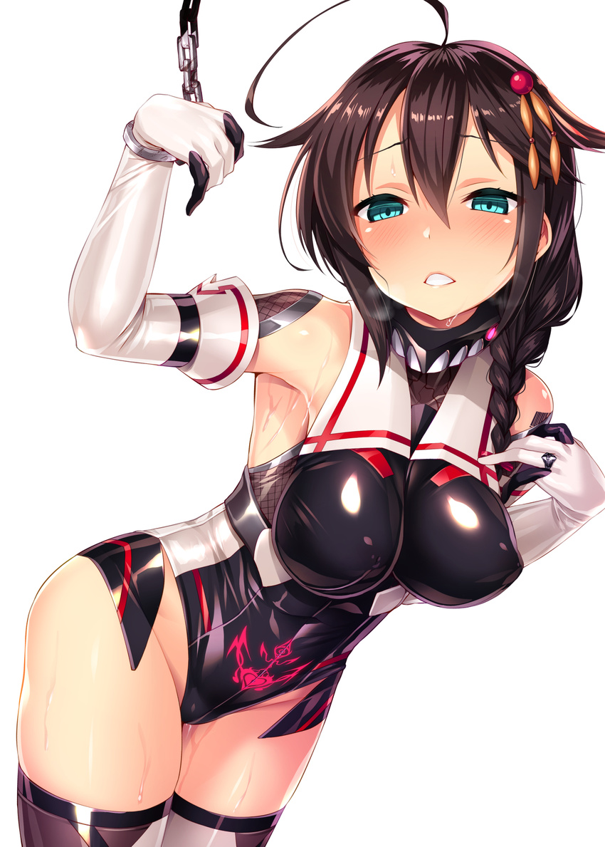 adapted_costume ahoge barcode_tattoo bare_shoulders bdsm blue_eyes blush bondage bound braid breasts brown_hair chain chained collar corruption covered_nipples elbow_gloves empty_eyes fishnets gloves hair_flaps hair_ornament hair_over_shoulder hairclip highres kantai_collection large_breasts leotard looking_at_viewer pubic_tattoo remodel_(kantai_collection) satou_kuuki shigure_(kantai_collection) shiny shiny_clothes single_braid slime solo taimanin_(series) taimanin_asagi taimanin_suit tattoo thighhighs white_background