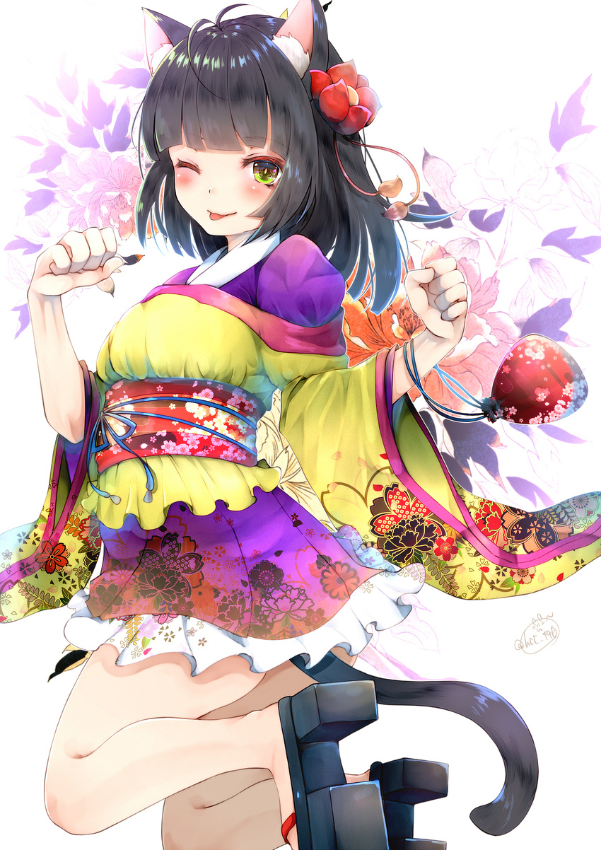 1girl ahoge animal_ears black_hair cat_ears cat_tail chita flower green_eyes kimono original sandals short_hair smile tail tongue wink