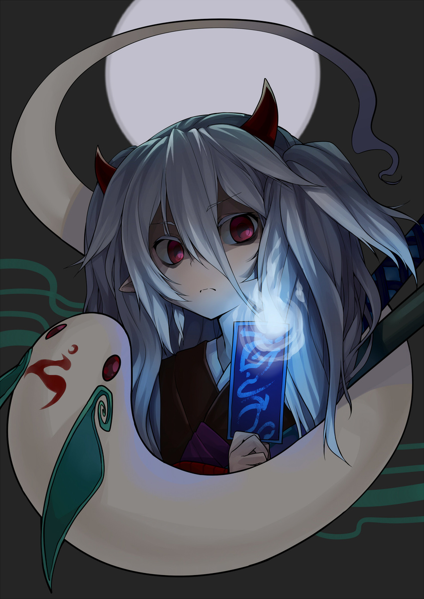 creature demon_girl duel_monster frostcyco ghost_ogre_&amp;_snow_rabbit highres horns japanese_clothes katana kimono long_hair looking_at_viewer obi ofuda pointy_ears red_eyes sash silver_hair sword twintails weapon white_hair yuu-gi-ou