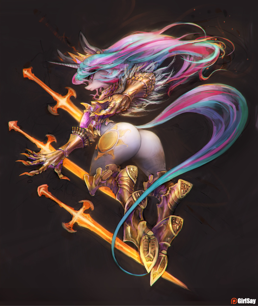 anthro armor blue_hair butt cutie_mark equine female friendship_is_magic girlsay hair hooves horn mammal melee_weapon my_little_pony pink_eyes pink_hair princess_celestia_(mlp) solo sword unicorn weapon wide_hips