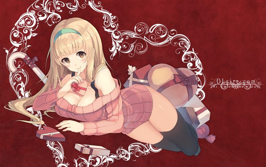 1girl blonde_hair breasts cleavage dille_blood dlsite.com female headband long_hair original paseri solo thighhighs valentine yellow_eye