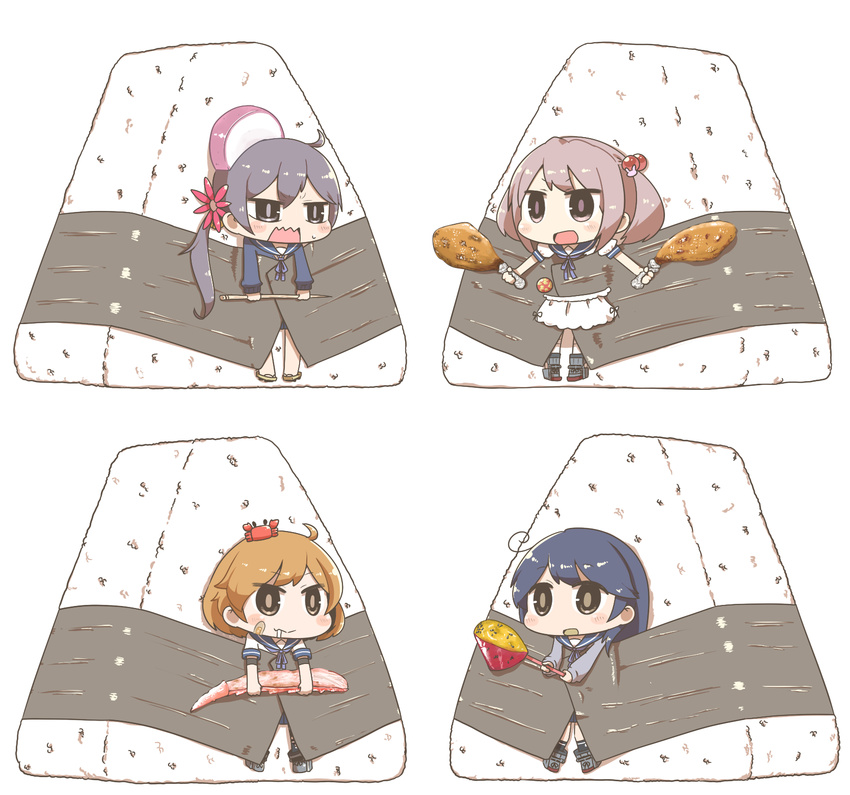 ahoge akebono_(kantai_collection) apron bandaid bandaid_on_face bell blue_hair blush brown_eyes brown_hair bunny_hair_ornament chibi commentary_request crab crab_on_head drooling flower food fried_chicken full_body hair_bell hair_bobbles hair_flower hair_ornament highres holding holding_food inishie jingle_bell jitome kantai_collection long_hair long_sleeves maid_apron messy_hair minigirl multiple_girls oboro_(kantai_collection) onigiri pink_hair purple_eyes purple_hair restrained sandals sazanami_(kantai_collection) school_uniform serafuku short_hair side_ponytail simple_background skirt smile sweatdrop sweet_potato tape toothpick twintails ushio_(kantai_collection) white_background white_skirt