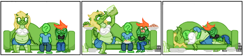 alligator anon anthro belly big_belly big_breasts blonde_hair breasts caimon clothed clothing comic crocodilian female food goblin green_skin group hair human humanoid lying male mammal monster_girl_(genre) monstro_village navel not_furry open_mouth orange_hair overweight princess_bitch reptile scalie simple_background sitting sleeping smile sofa source_request stuffing swallowing unknown_artist weight_gain white_background