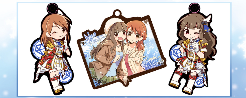 bangs blunt_bangs blush blush_stickers brown_eyes brown_hair brown_jacket character_name chibi commentary_request epaulettes feathers gloves hair_feathers highres holding_hands houjou_karen idolmaster idolmaster_cinderella_girls idolmaster_cinderella_girls_starlight_stage iwashi_(ankh) jacket jewelry kamiya_nao long_hair long_sleeves looking_at_viewer multiple_girls necklace open_mouth smile white_gloves