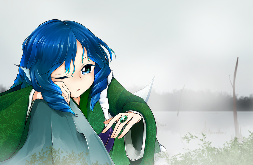 blue_eyes blue_hair colored_eyelashes commentary_request drill_hair fog gem head_fins japanese_clothes kaisenpurin kimono lake long_sleeves mermaid monster_girl obi one_eye_closed sash solo touhou wakasagihime wide_sleeves