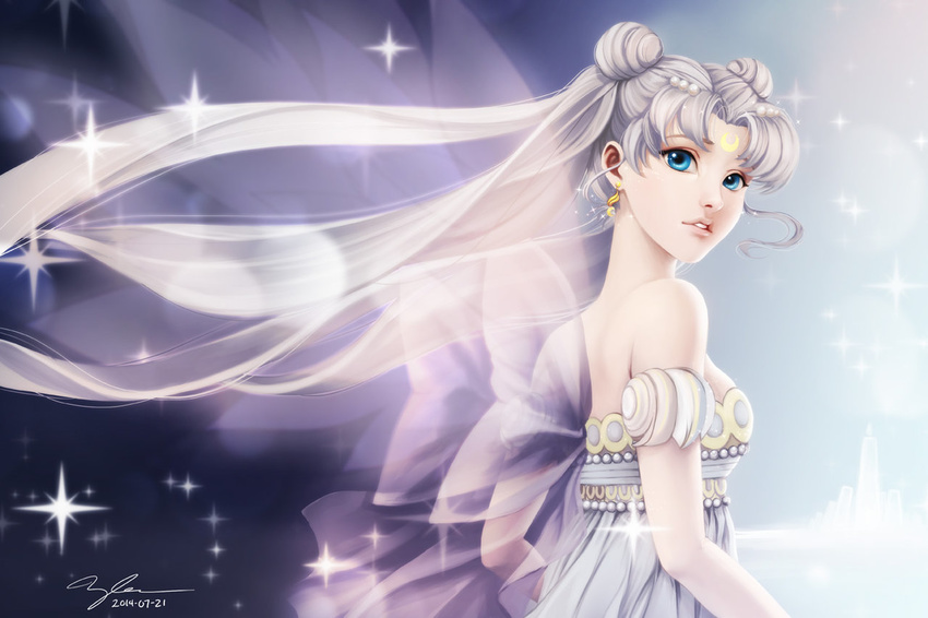 2014 bangs bare_shoulders bishoujo_senshi_sailor_moon blue_eyes dated detached_sleeves double_bun dress earrings facial_mark floating_hair forehead_mark from_side hair_ornament hairclip jewelry lavender long_hair looking_back nancy_teeple parted_bangs parted_lips pearl princess_serenity ribbon see-through short_sleeves signature silver_hair solo sparkle tsukino_usagi twintails white_dress