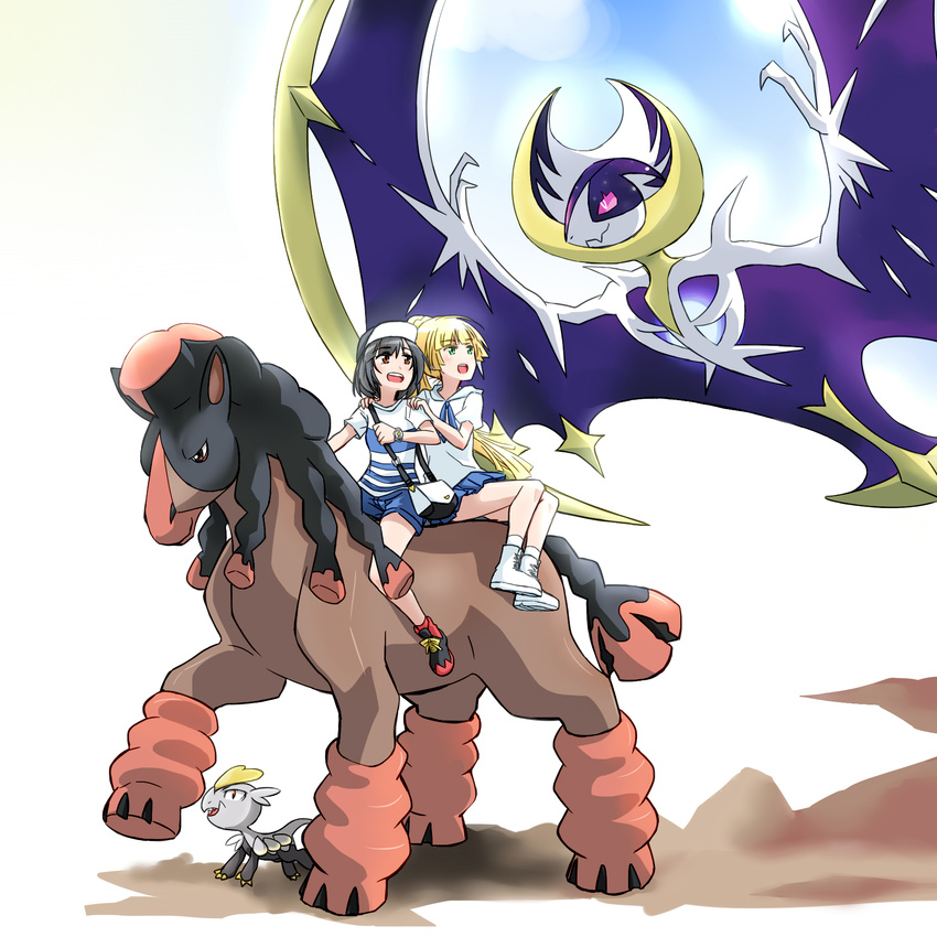 :d alternate_costume bag baseball_cap bat black_hair blonde_hair blush boots bracelet braid brown_eyes commentary_request dragon flying french_braid gen_7_pokemon green_eyes hairlocs hat highres horse jangmo-o jewelry lillie_(pokemon) lunala mizuki_(pokemon) mudsdale multiple_girls multiple_riders open_mouth pokemon pokemon_(creature) pokemon_(game) pokemon_sm ponytail riding shirt shoes shorts shoulder_bag sidesaddle size_difference skirt smile sneakers spoilers stc striped striped_shirt