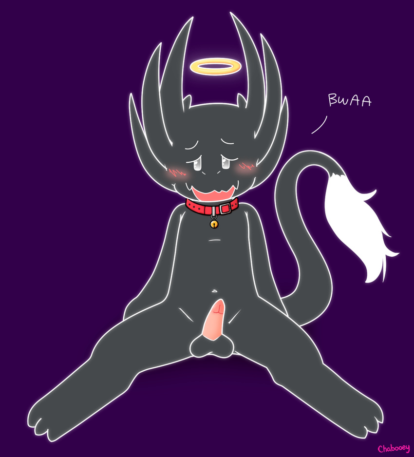 anthro balls bell bell_collar blush cat_collar chabooey collar halo male nude open_mouth penis shadow_boy simple_background solo