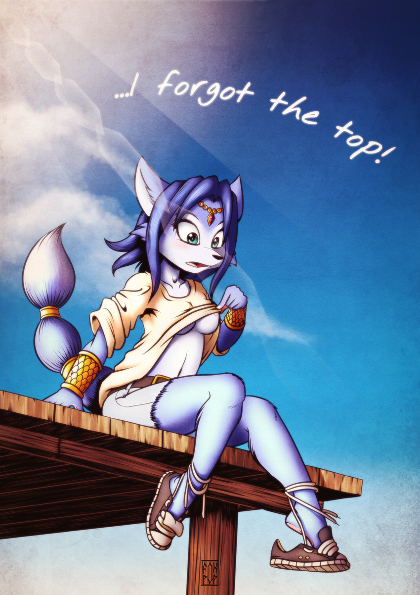 anthro blue_fur breasts canine cute dangling feet female fox fox-pop fur hair heelpop invalid_tag krystal loose mammal nintendo nipple_show pose poster shoeplay star_fox video_games