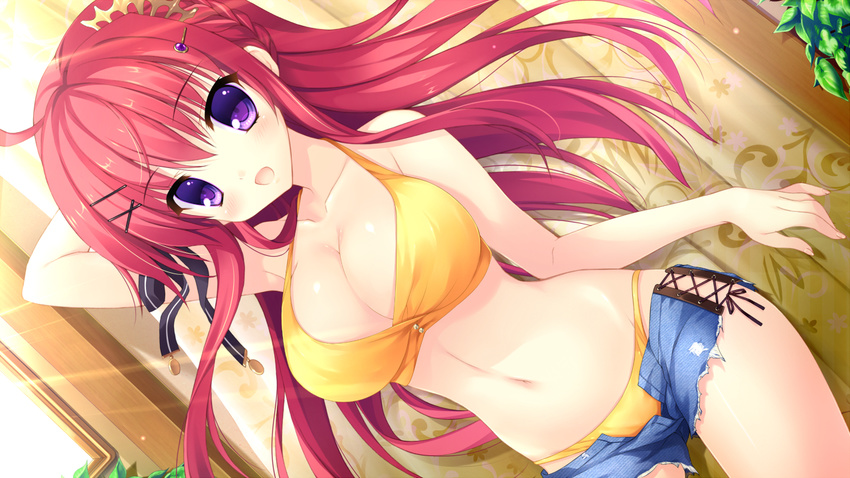 1girl :d alia's_carnival! bikini breasts cleavage female game_cg large_breasts long_hair mitha open_mouth ousaka_asuha purple_eyes red_hair short_shorts shorts smile solo swimsuit yellow_bikini