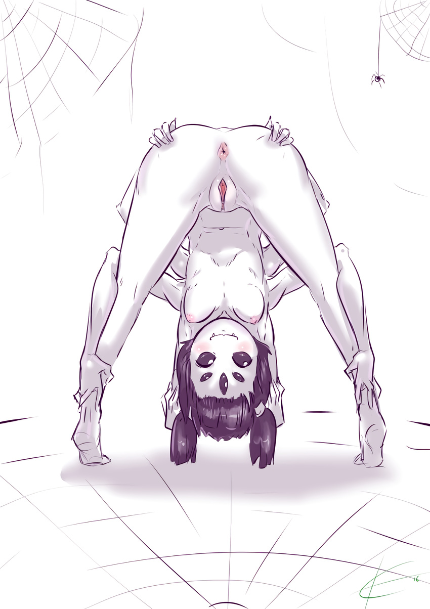 anus arachnid armpits arthropod bent_over blush breasts eltonel female hand_on_butt muffet multi_eye multi_limb pigtails presenting pussy simple_background solo spider tiptoes undertale video_games web white_background