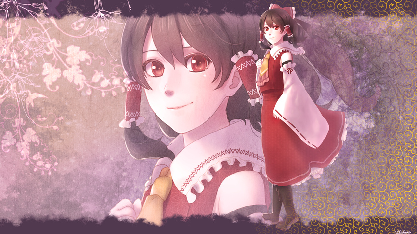 artist_name black_footwear boots bow brown_hair collared_vest detached_sleeves floral_background frilled_bow frilled_hair_tubes frills from_side hair_bow hair_tubes hakurei_reimu hand_on_own_chest highres looking_at_viewer ponytail red_bow red_eyes red_skirt red_vest ribbon-trimmed_sleeves ribbon_trim shirogane@hakuto sidelocks skirt skirt_set smile solo touhou vest yellow_neckwear