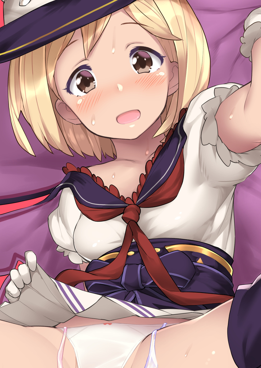 batsu blonde_hair blush brown_eyes djeeta_(granblue_fantasy) dress garter_straps gloves granblue_fantasy hat highres lifted_by_self looking_at_viewer open_mouth panties puffy_short_sleeves puffy_sleeves short_hair short_sleeves skirt skirt_lift smile solo spread_legs sweat thighs underwear white_panties witch_hat
