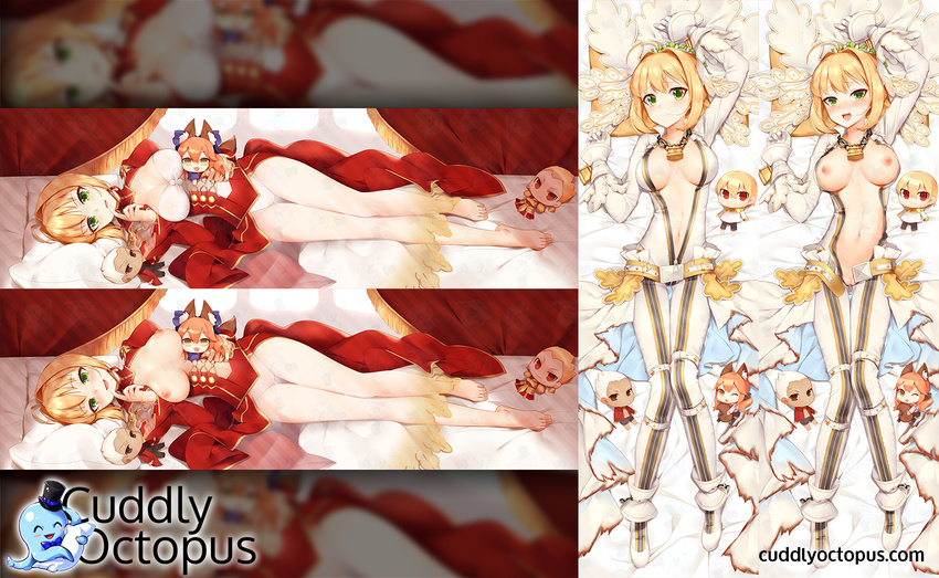 ahoge bed blonde_hair blush bodysuit breasts cuddly_octopus dakimakura dress fate/extra fate/extra_ccc fate_(series) full-length_zipper green_eyes kyuri_tizu large_breasts lock multiple_views nero_claudius_(bride)_(fate) nero_claudius_(fate) nero_claudius_(fate)_(all) open_mouth padlock pillow pussy red_dress skin_tight variations veil white_bodysuit zipper