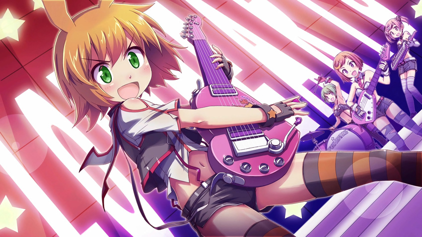 :d character_request colored_stripes drum drum_set drumming drumsticks fingerless_gloves furrowed_eyebrows gal_gun gal_gun_double_peace gloves green_eyes guitar highres holding instrument masanori_ito multiple_girls navel official_art open_mouth orange_hair short_shorts short_sleeves shorts shoulder_cutout smile striped striped_legwear suspenders thighhighs uno_aoi v-shaped_eyebrows