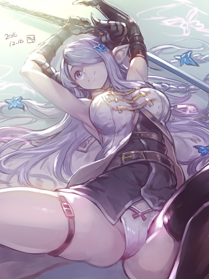 armpits blue_eyes braid breasts cameltoe draph elbow_gloves gloves granblue_fantasy hair_ornament hair_over_one_eye highres horns kakage katana large_breasts lavender_hair long_hair lying narmaya_(granblue_fantasy) on_back panties pointy_ears single_thighhigh solo sword thigh_strap thighhighs underwear weapon