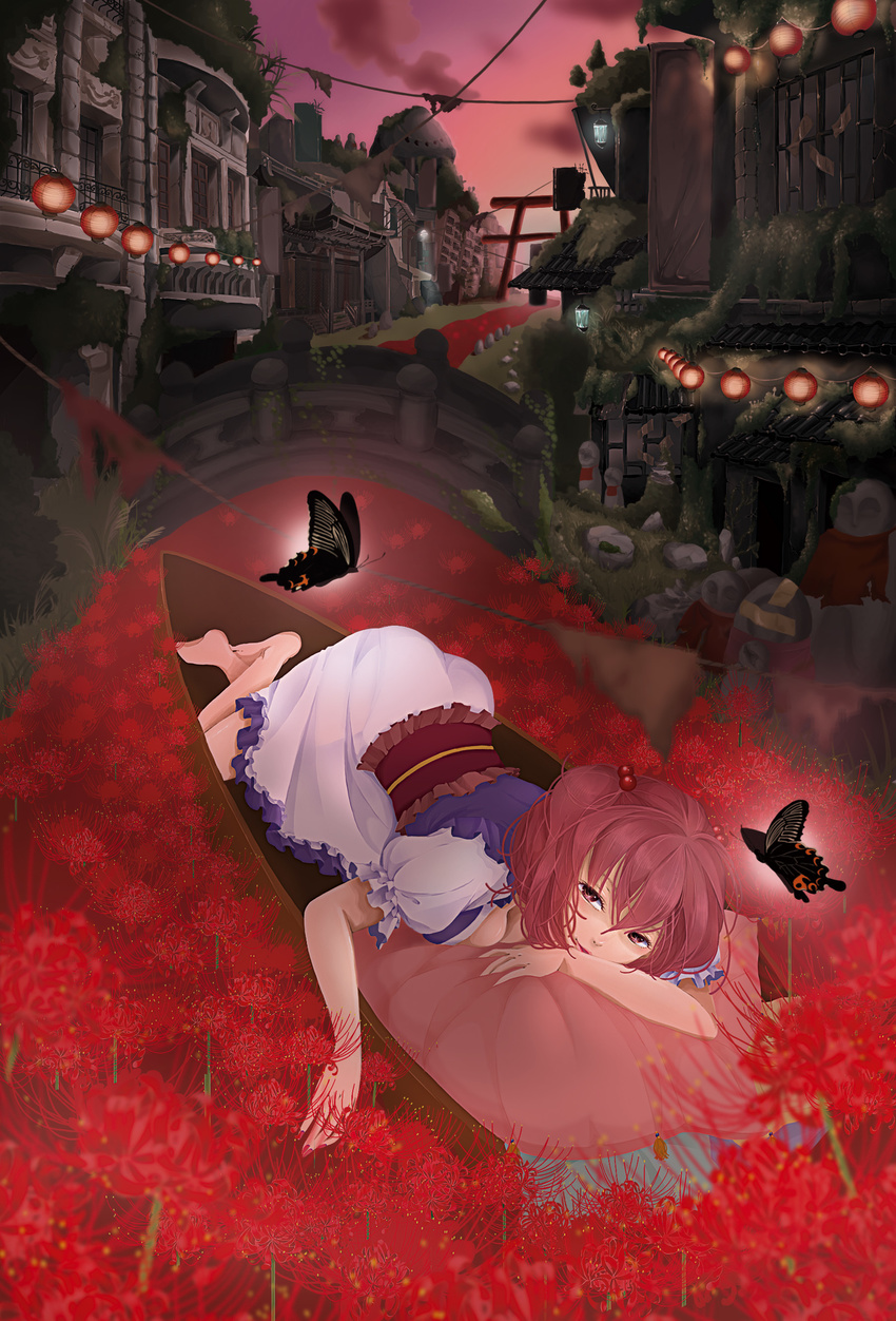 absurdres ass barefoot blue_vest boat breasts bridge bug butterfly cleavage cloud cushion evening flower frilled_sleeves frills hair_between_eyes hair_bobbles hair_ornament highres insect japanese_clothes jizou lamp lampion lantern looking_at_viewer lying medium_breasts obi okumura_neri onozuka_komachi overgrown puffy_short_sleeves puffy_sleeves red_eyes red_flower red_hair sash see-through short_sleeves skirt smile solo spider_lily statue stone torii touhou two_side_up vest watercraft white_skirt