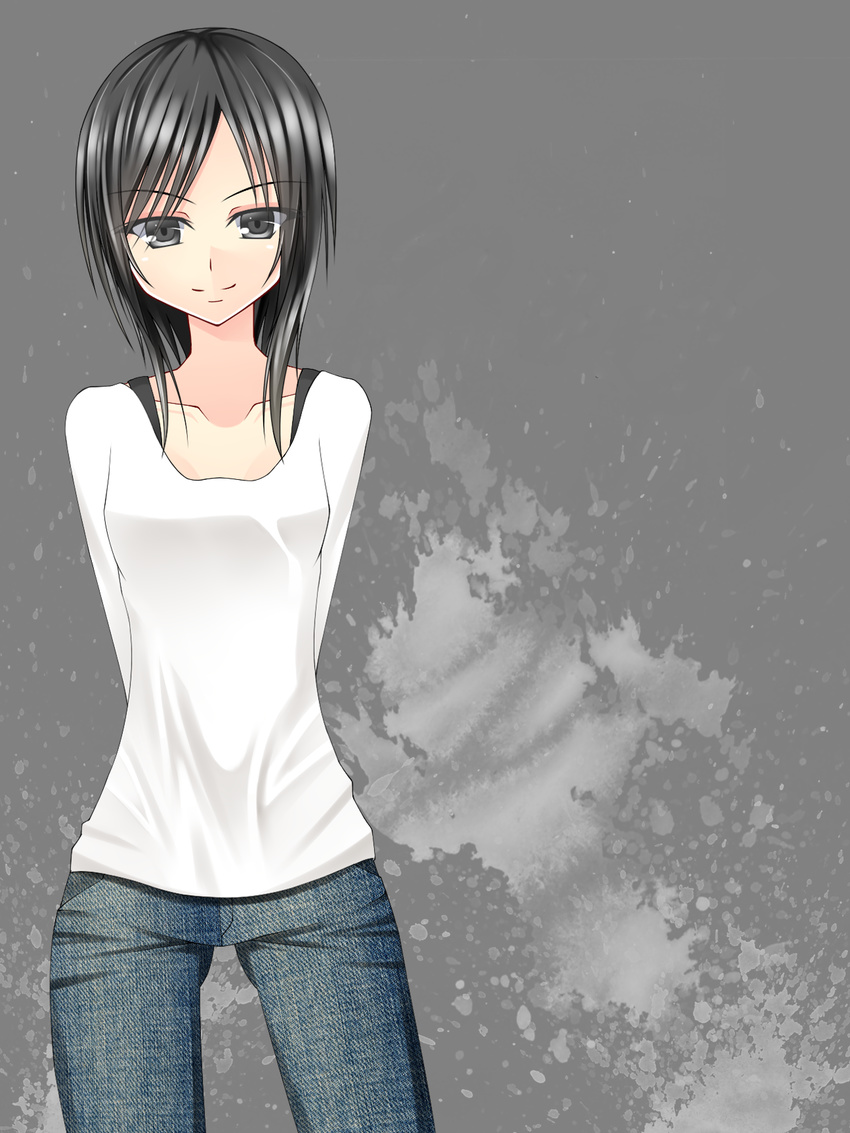 1girl black_hair blue_jeans collarbone mitty original smile tagme