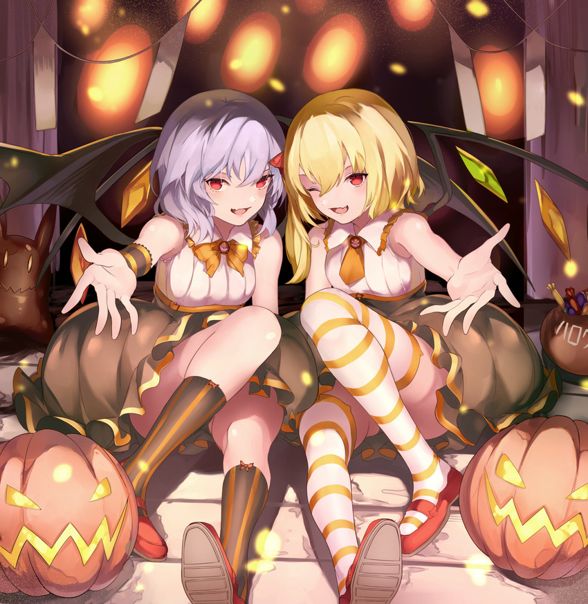 ;d asymmetrical_hair bare_shoulders bat_wings black_panties black_skirt blonde_hair blush bow bowtie bubble_skirt candy crystal demon_wings eredhen flandre_scarlet food frilled_shirt_collar frills halloween_costume high-waist_skirt highres jack-o'-lantern knee_up kneehighs lavender_hair light looking_at_viewer mini_necktie multiple_girls no_headwear on_ground one_eye_closed open_mouth orange_bow orange_neckwear outstretched_arm palms panties pantyshot pantyshot_(sitting) pumpkin red_eyes red_footwear remilia_scarlet shoe_soles shoes short_hair siblings side_ponytail sidelocks sisters sitting skirt sleeveless smile striped striped_legwear touhou underwear vertical-striped_legwear vertical_stripes wings wooden_floor wristband