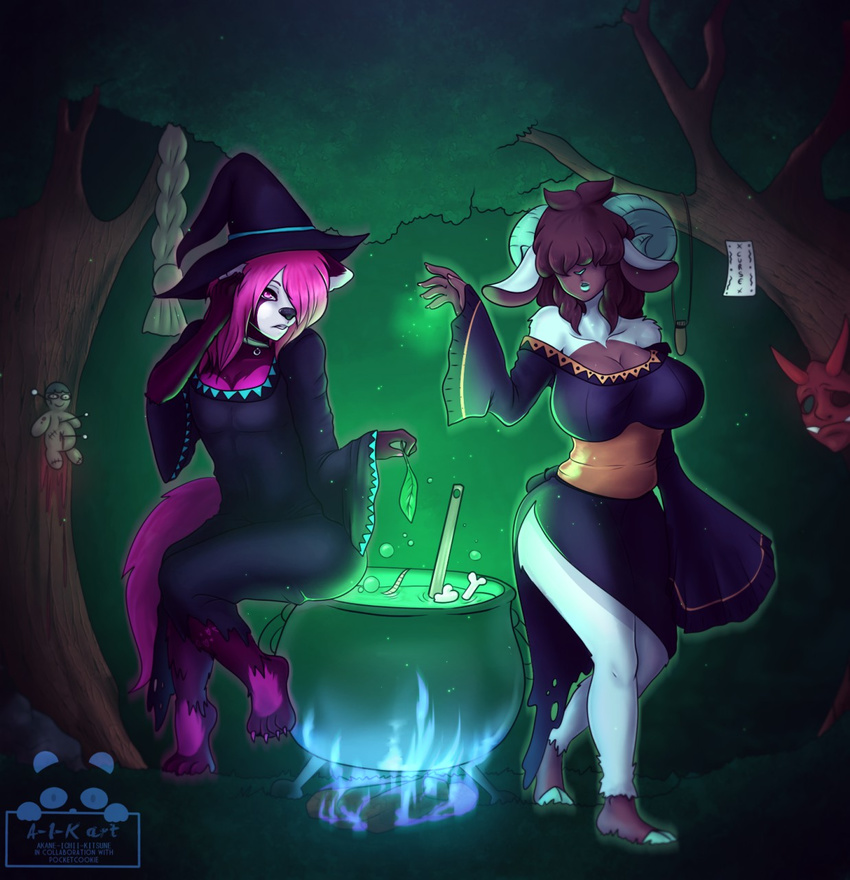 akane-ichii-kitsune anthro bear caprine clothed clothing duo female hair hat horn magic mammal panda pocketcookie sheep witch_hat witchcraft