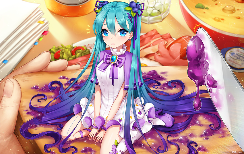 ankkoyom aqua_hair blue_eyes blue_hair blueberry_hair_ornament bracelet butter_knife commentary_request earrings food food_themed_hair_ornament frown gradient_hair hair_ornament hairclip hatsune_miku high_heels highres in_food jam jewelry long_hair looking_at_viewer minigirl multicolored_hair out_of_frame pov pov_hands sitting solo_focus toast twintails very_long_hair vocaloid