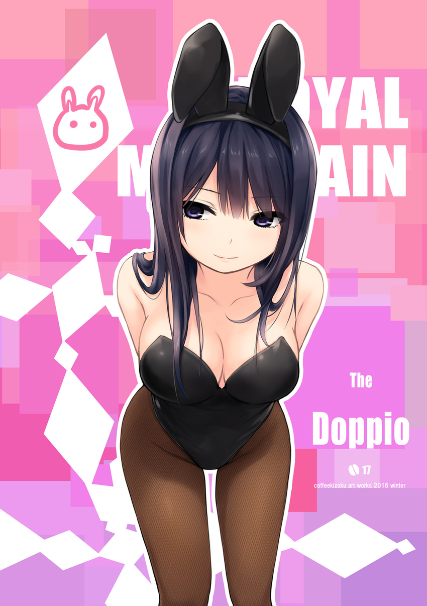 2016 abstract_background animal_ears arms_behind_back artist_name bangs bare_shoulders black_leotard breasts bunny_ears bunny_girl bunny_tail bunnysuit cleavage closed_mouth coffee-kizoku collarbone cowboy_shot eyebrows_visible_through_hair fake_animal_ears fishnet_pantyhose fishnets highres leaning_forward leotard long_hair medium_breasts original outline pantyhose purple_eyes purple_hair shiramine_rika smile solo standing strapless strapless_leotard tail