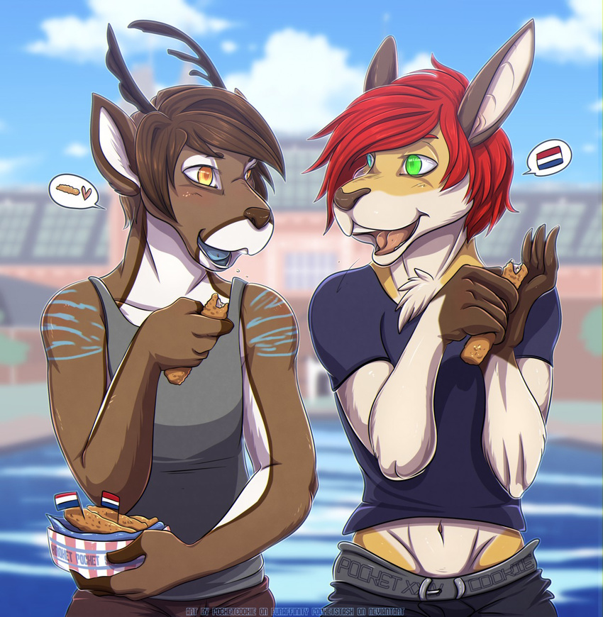 anthro cervine clothed clothing deer duo food kangaroo male mammal marsupial navel outside pocketcookie smile standing