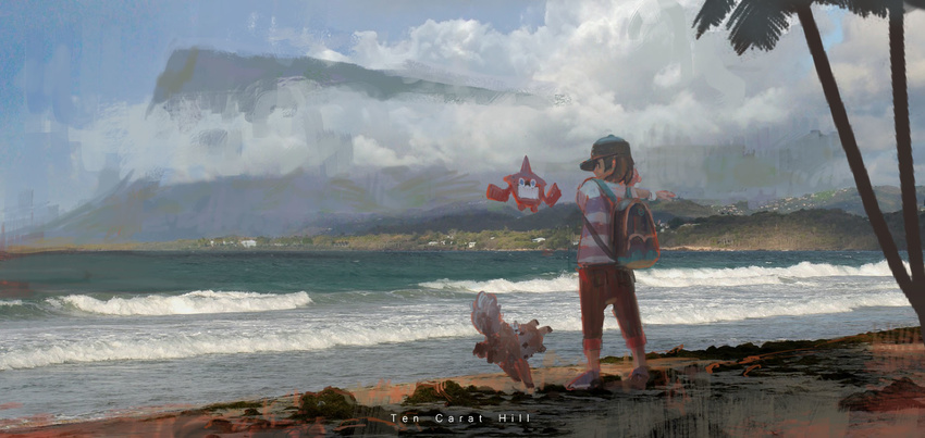 backpack bag bangs baseball_cap black_hair black_hat blue_sky capri_pants cloud day gen_4_pokemon gen_7_pokemon grey_eyes hat highres male_focus mountain ocean palm_tree pants photo_background photo_bashing pokedex pokemon pokemon_(creature) pokemon_(game) pokemon_sm rockruff rotom rotom_dex rounin_(amuza) shirt shoes shore sky sneakers striped striped_shirt swept_bangs t-shirt tree waves you_(pokemon) z-ring