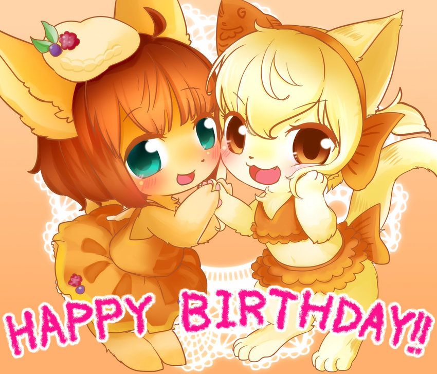 2girls artist_request blonde_hair borrowed_character brown_eyes brown_hair cat furry happy_birthday multiple_girls short_hair teal_eyes