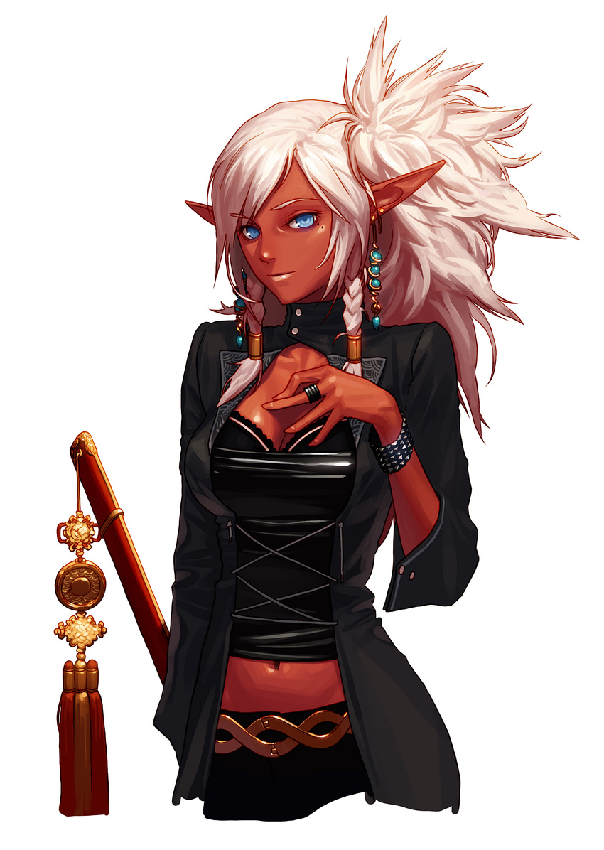 absurdres blue_eyes braid cowboy_shot cross-laced_clothes dark_skin dungeon_and_fighter earrings elf eyebrows_visible_through_hair groin hand_on_own_chest hand_up highres holding holding_sword holding_weapon jewelry jung_wook_choi katana looking_at_viewer minette_(dungeon_and_fighter) mole mole_under_eye navel official_art open_clothes pointy_ears ponytail ring scabbard sheath sheathed simple_background solo stud_earrings studded_bracelet sword tassel twin_braids weapon white_background white_hair