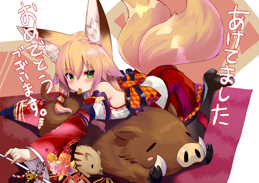 animal_ears blonde_hair blush boots green_eyes haik japanese_clothes kokonoe_tsubaki long_hair miko multiple_tails original pantyhose skirt tail