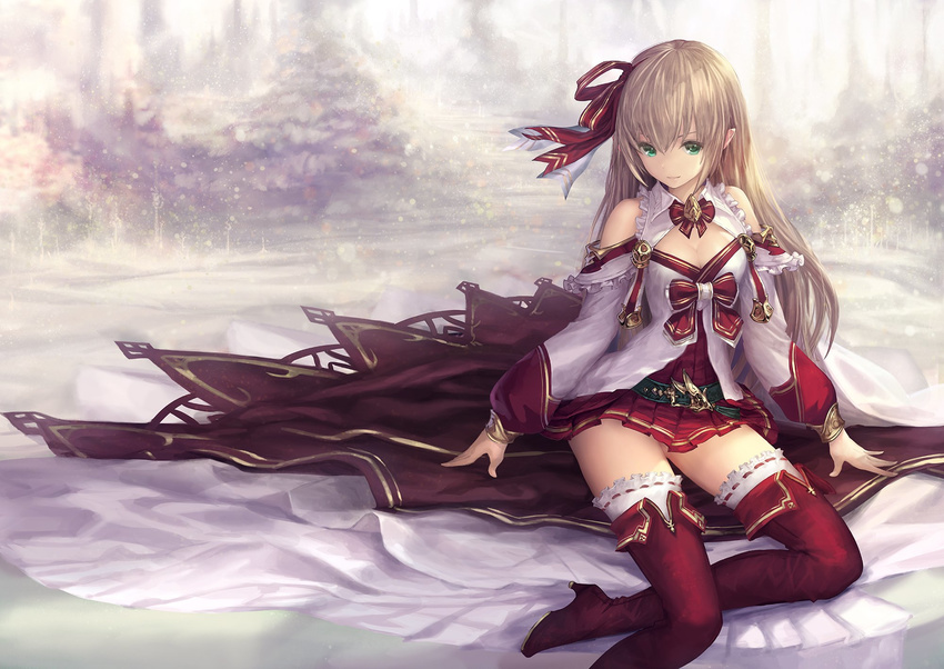 bare_shoulders boots breasts brooch cleavage_cutout detached_sleeves dress frills green_eyes hair_ribbon highres jewelry light_brown_hair light_smile long_hair long_sleeves medium_breasts outdoors pointy_ears puffy_long_sleeves puffy_sleeves red_legwear ribbon ribbon-trimmed_thighhighs shadowverse short_dress sitting solo tachikawa_mushimaro thigh_boots thighhighs white_legwear yokozuwari