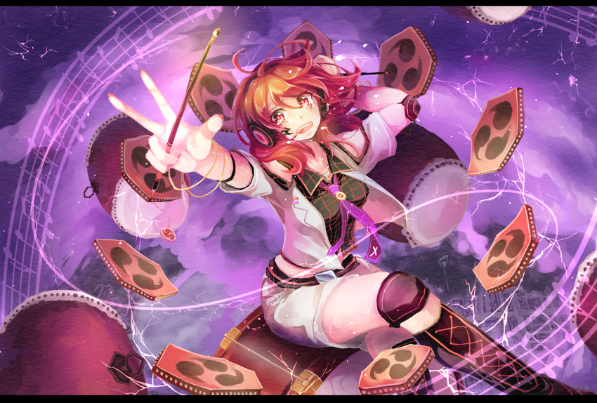 beamed_eighth_notes boots bracelet cloud collared_shirt crossed_legs crying crying_with_eyes_open drum drumsticks eighth_note electricity headphones highres holding horikawa_raiko instrument jacket jewelry knee_boots lightning_bolt long_sleeves looking_at_viewer midriff miniskirt musical_note necktie open_mouth plaid plaid_shirt purple_neckwear quarter_note red_eyes red_hair shirt shometsu-kei_no_teruru short_hair shorts sitting sitting_on_object skirt solo staff_(music) taiko_drum tattoo tears teeth touhou white_jacket white_shorts