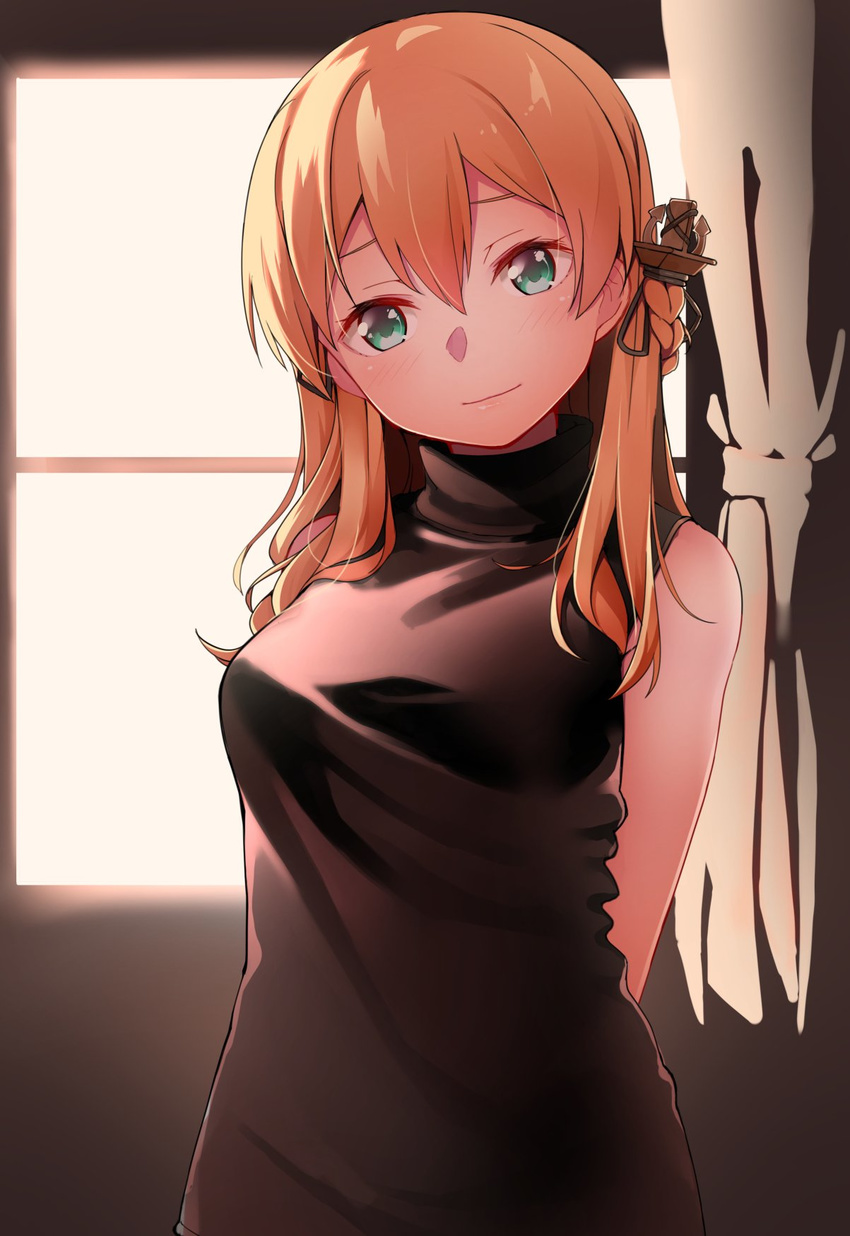 alternate_costume alternate_hairstyle anchor_hair_ornament arms_behind_back backlighting bare_shoulders blonde_hair blush breasts byte_(allbyte) commentary_request curtains green_eyes hair_ornament head_tilt highres indoors kantai_collection looking_at_viewer low_twintails medium_breasts no_headwear prinz_eugen_(kantai_collection) sleeveless sleeveless_turtleneck smile solo sweater turtleneck turtleneck_sweater twintails upper_body window